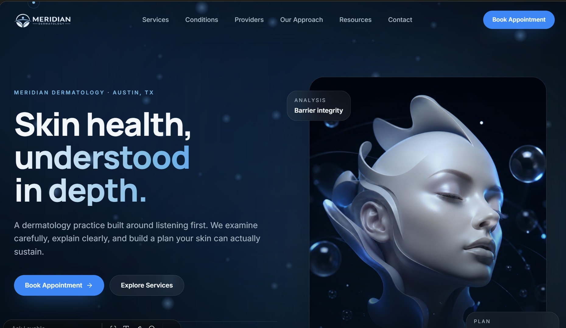 Homepage screenshot of the Meridian Dermatology website concept designed by Clinvaro.